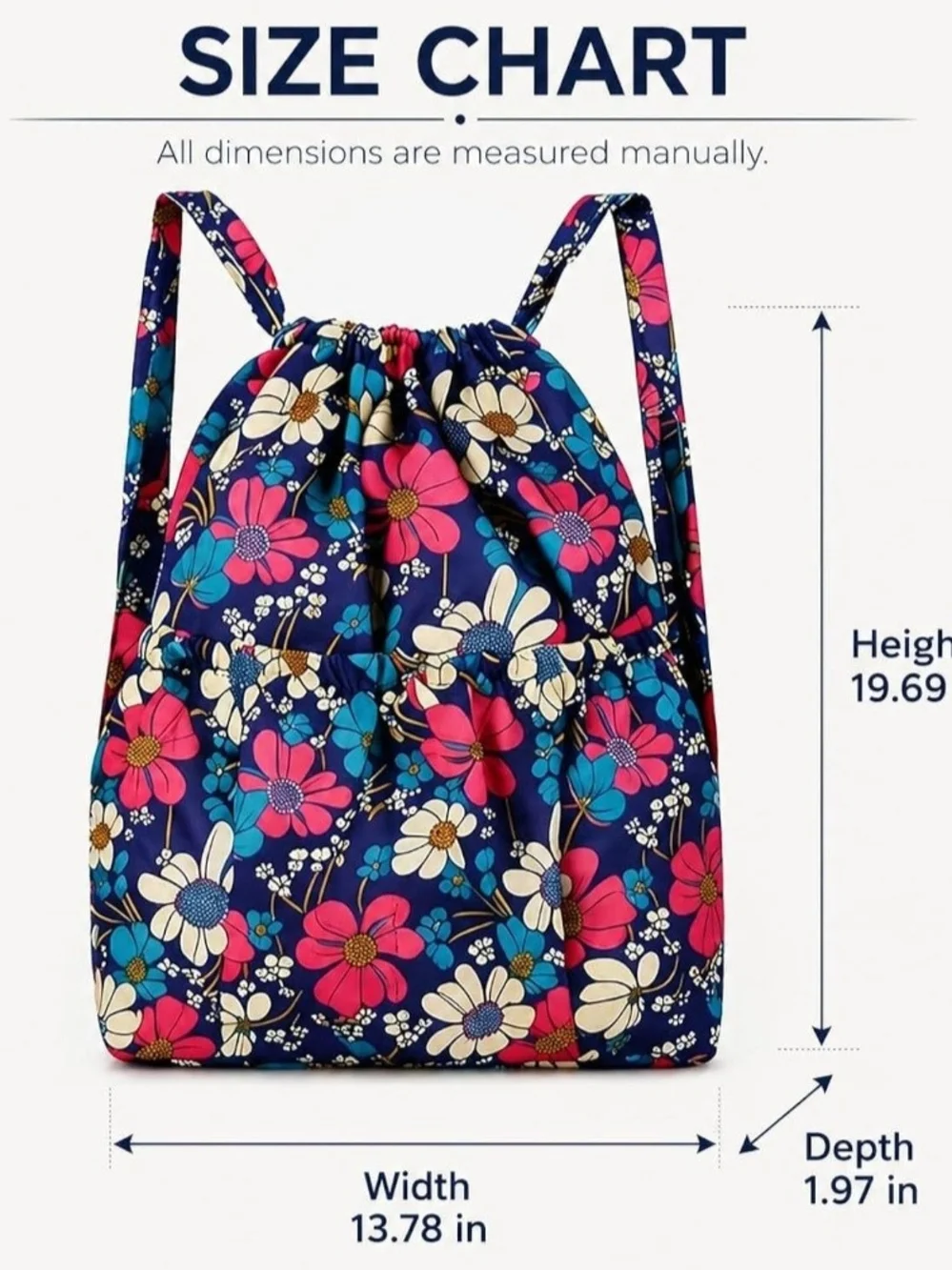 Floral Drawstring Backpack - Navy Pink Blue